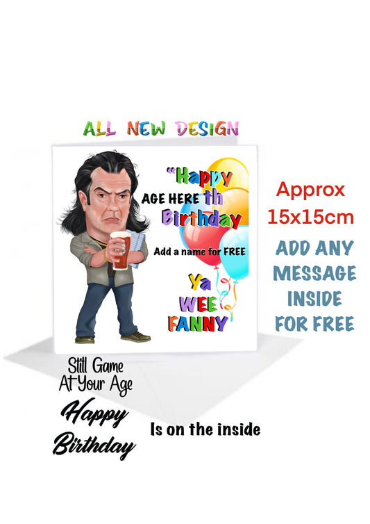 Personalise still game auld pals inspired Birthday cards Boaby the barman