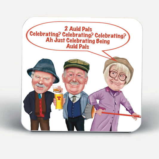 2 auld pals celebrating matching Mugs and Coasters Auld Pal coaster is FREE