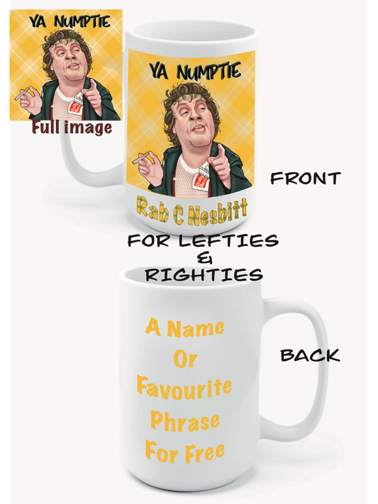 Ya Numptie Rab C Nesbitt Mugs-Mugs yellow #rabcnesbitt #caricatures